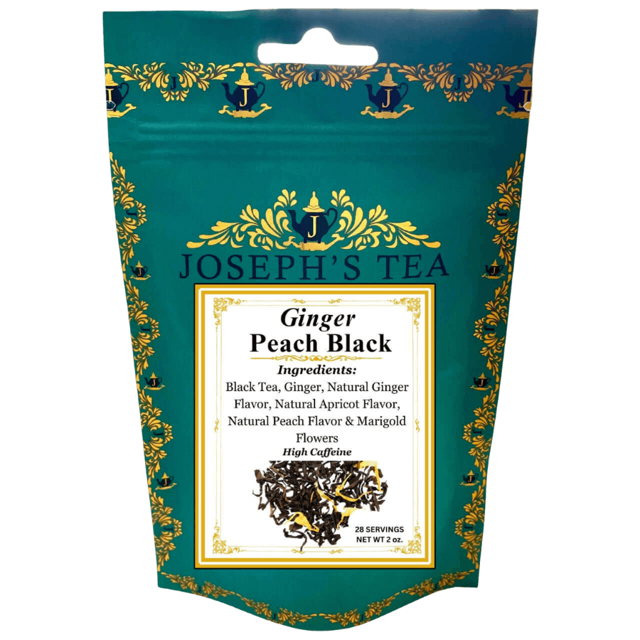 Tea package of Joseph's Tea Ginger Peach Black on a white background