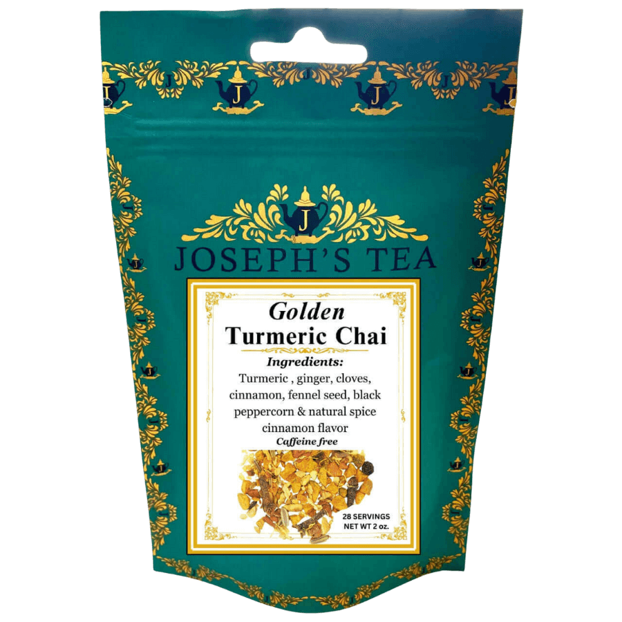 Joseph's Tea Golden Turmeric Chai package with decorative elements on a white background