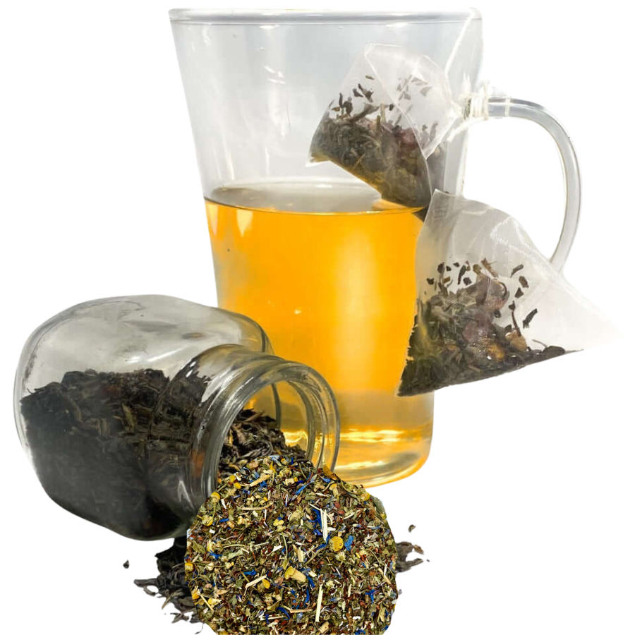 Tea leaves spilling out of a glass jar with a cup of tea and loose tea leaves on a white background
