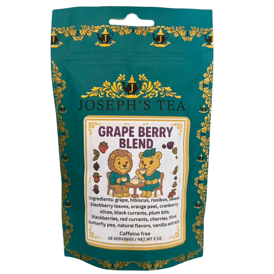 Joseph's Tea Grape Berry Blend packaging with decorative elements and illustrations.
