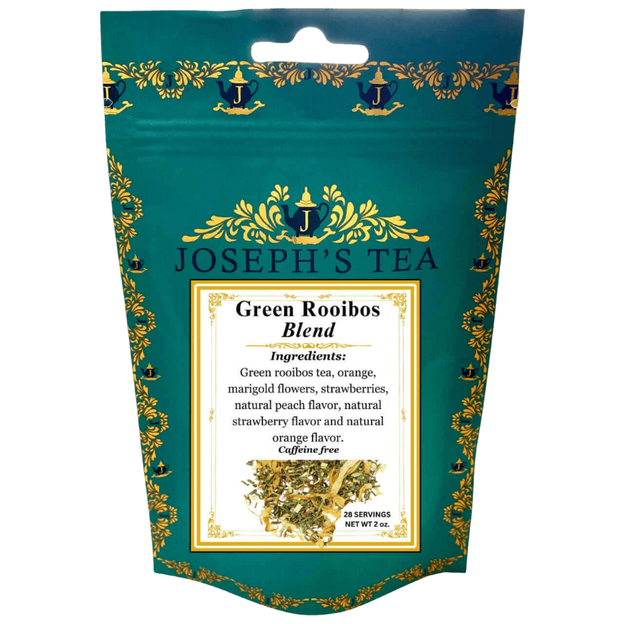 Tea package for Joseph's Tea Green Rooibos Blend with decorative elements.