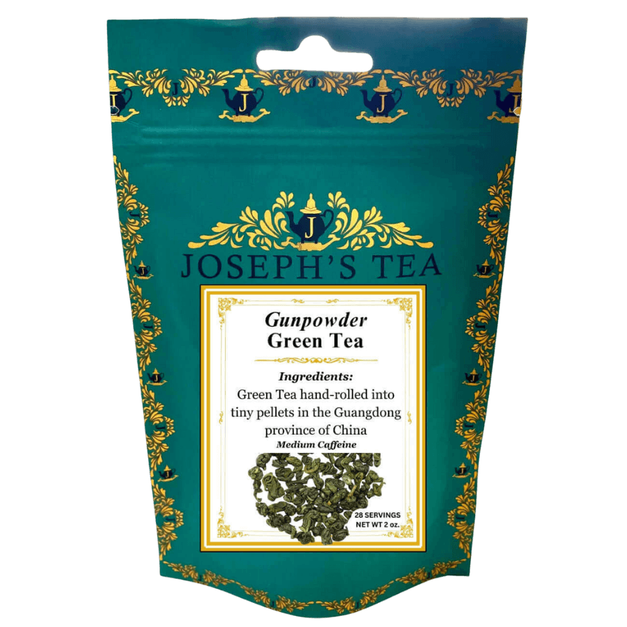 Joseph's Tea Gunpowder Green Tea package with decorative elements on a white background