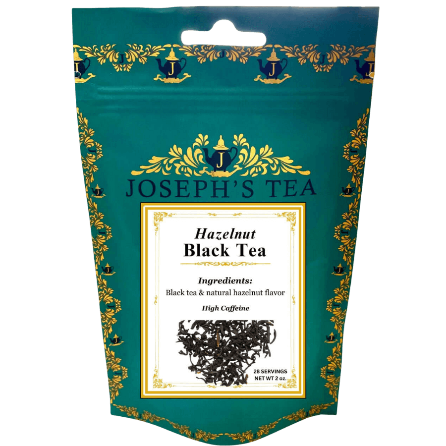 Tea package for Joseph's Tea Hazelnut Black Tea with decorative elements on a white background
