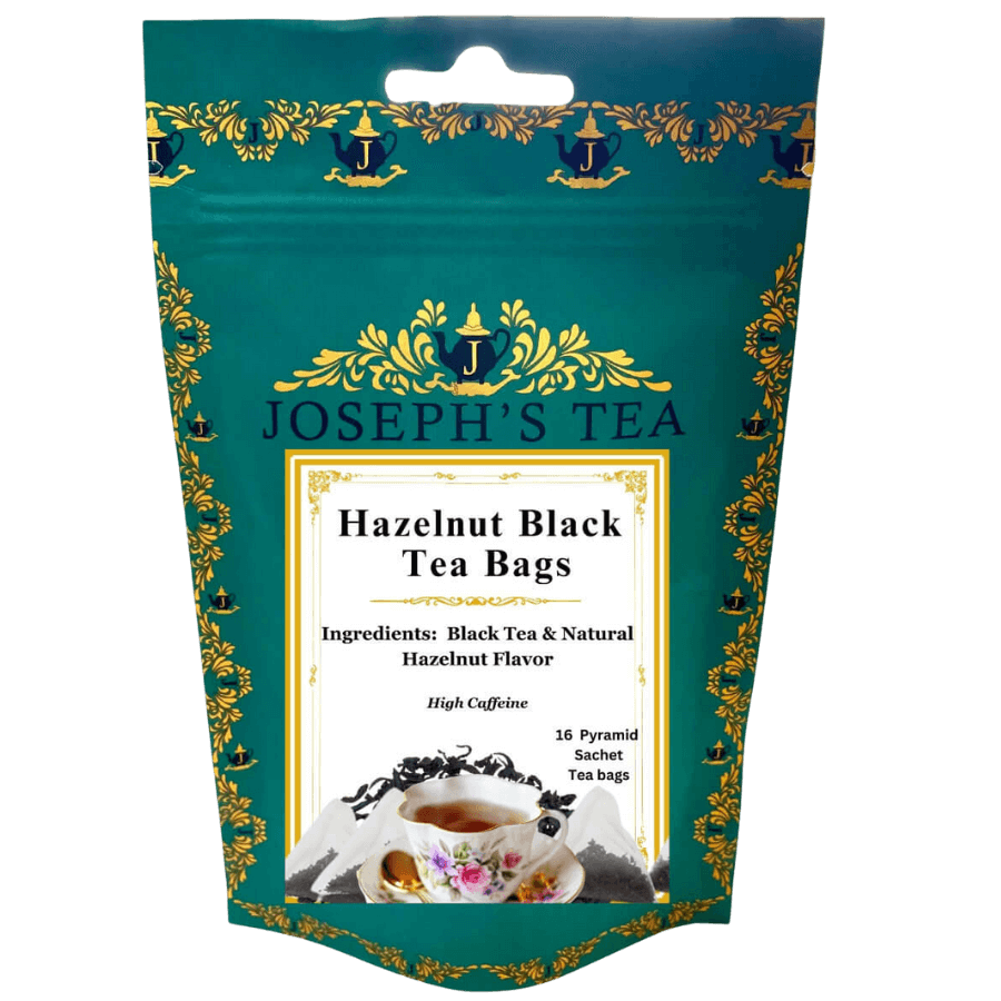 Pack of Joseph's Tea Hazelnut Black Tea Bags with decorative design on a white background