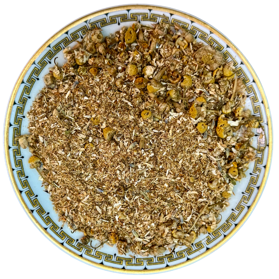 Herbal mix on a decorative ceramic plate