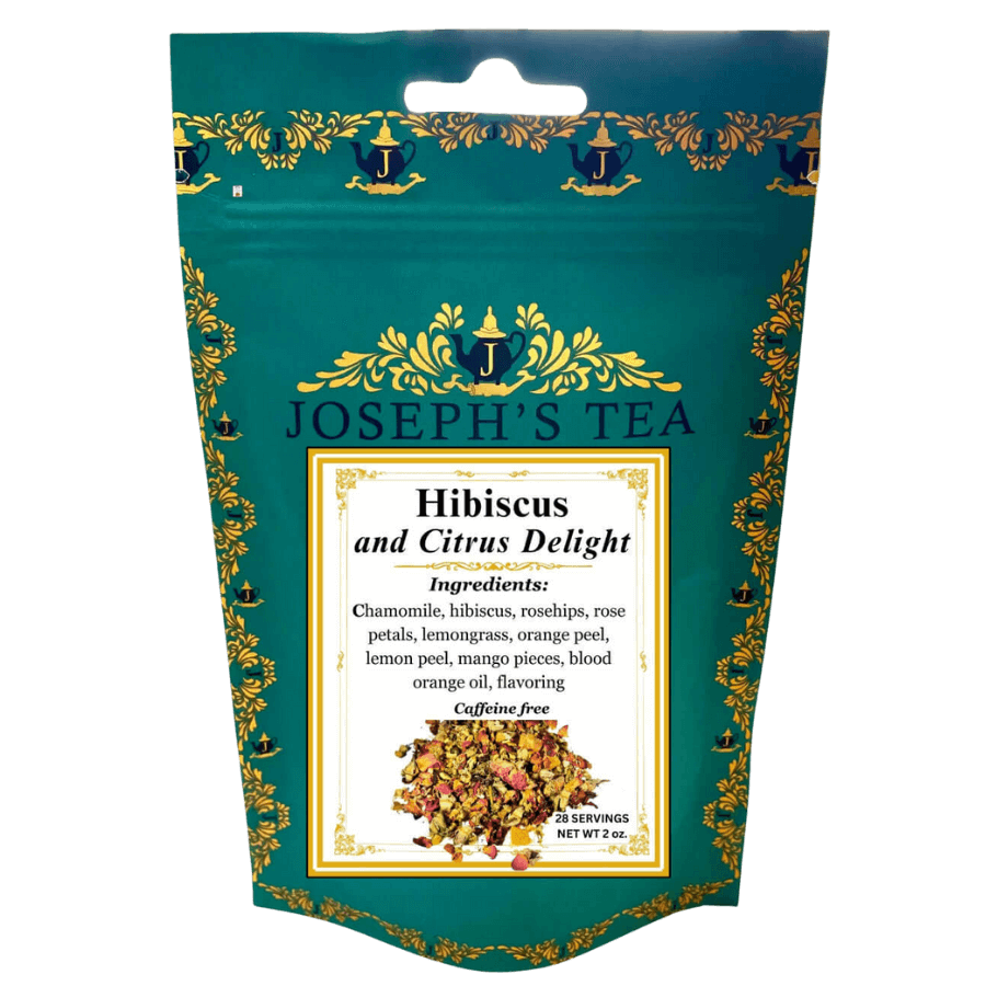 Tea package for 'Hibiscus and Citrus Delight' by Joseph's Tea with decorative elements.