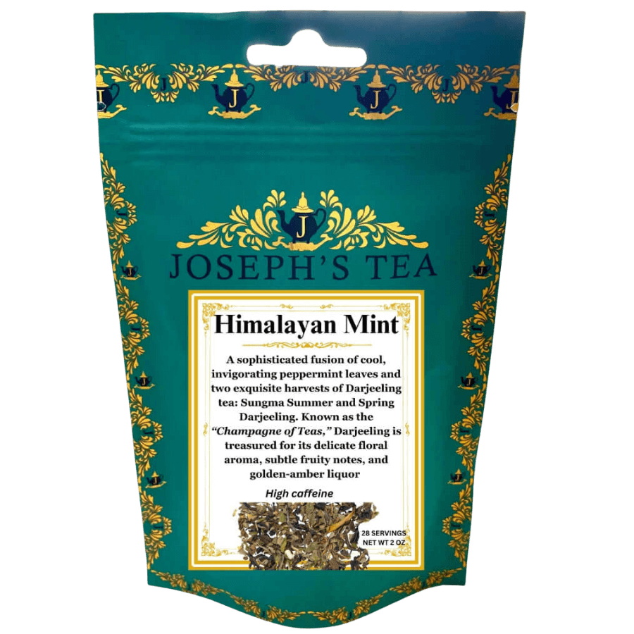 Tea package for 'Himalayan Mint' by Joseph's Tea with decorative elements.