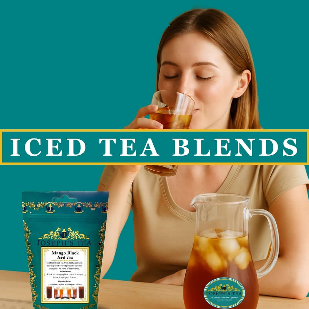 Woman drinking iced tea with a package and pitcher of tea on a teal background
