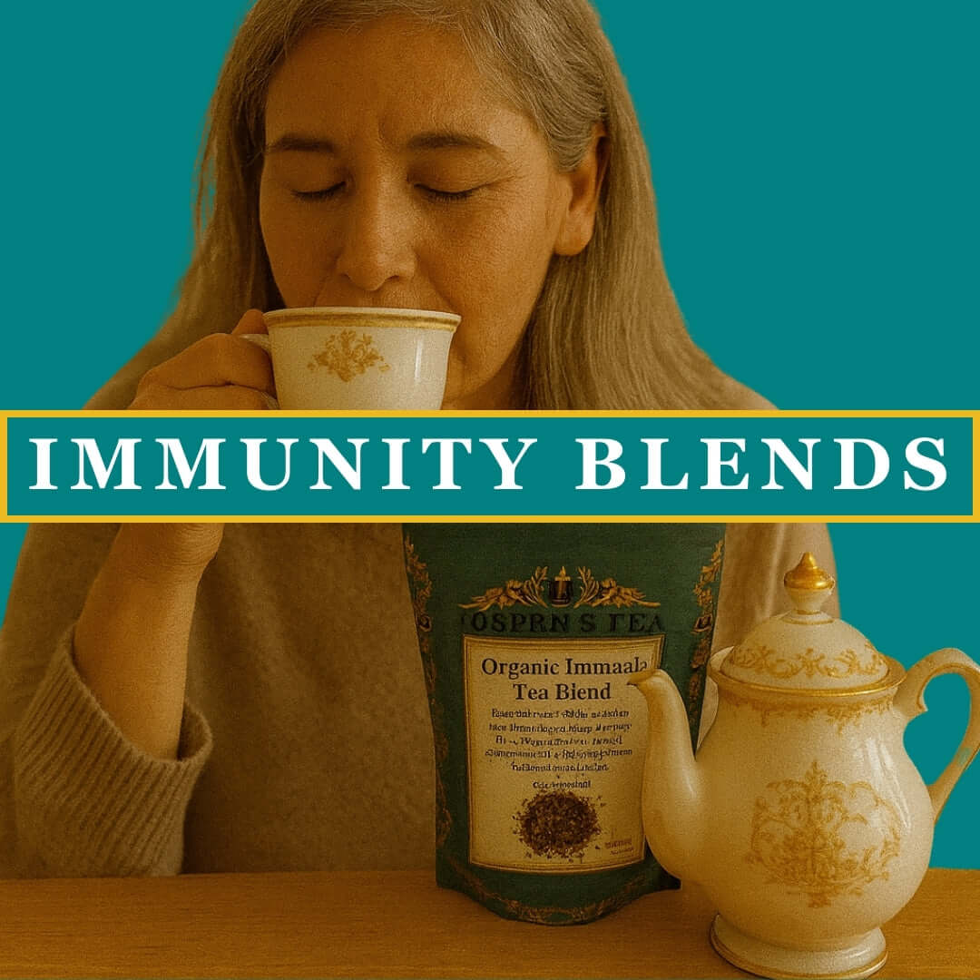 Person drinking from a teacup with Cooper's Tea and teapot in the background, labeled 'Immunity Blends'.