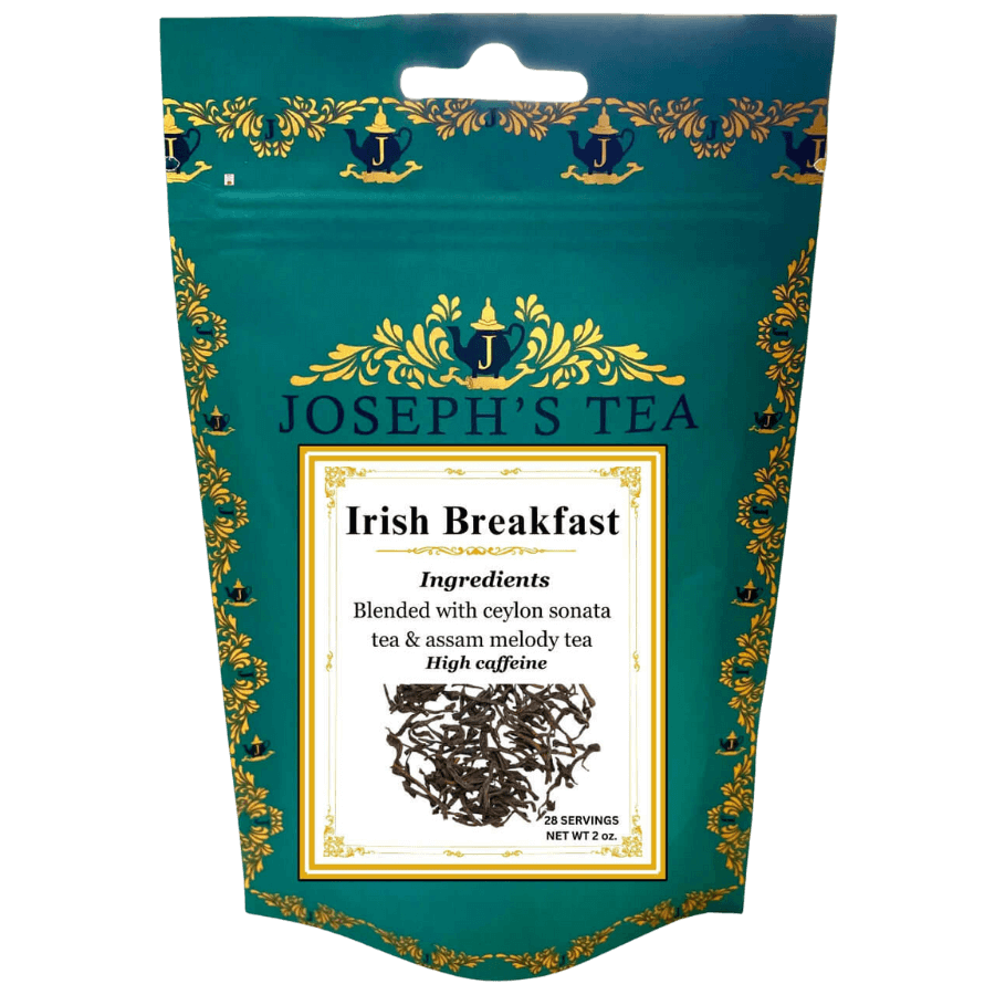 Tea package for 'Irish Breakfast' tea by Joseph's Tea with decorative elements.
