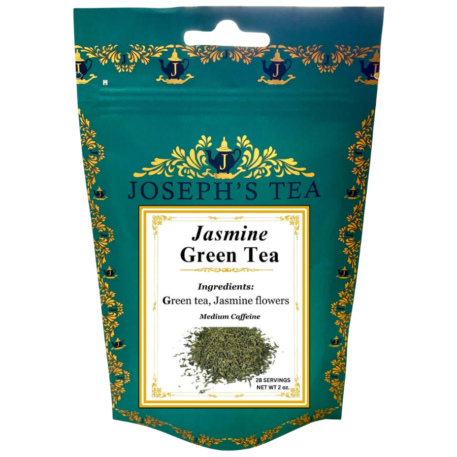 Joseph's Tea Jasmine Green Tea package with decorative elements on a white background