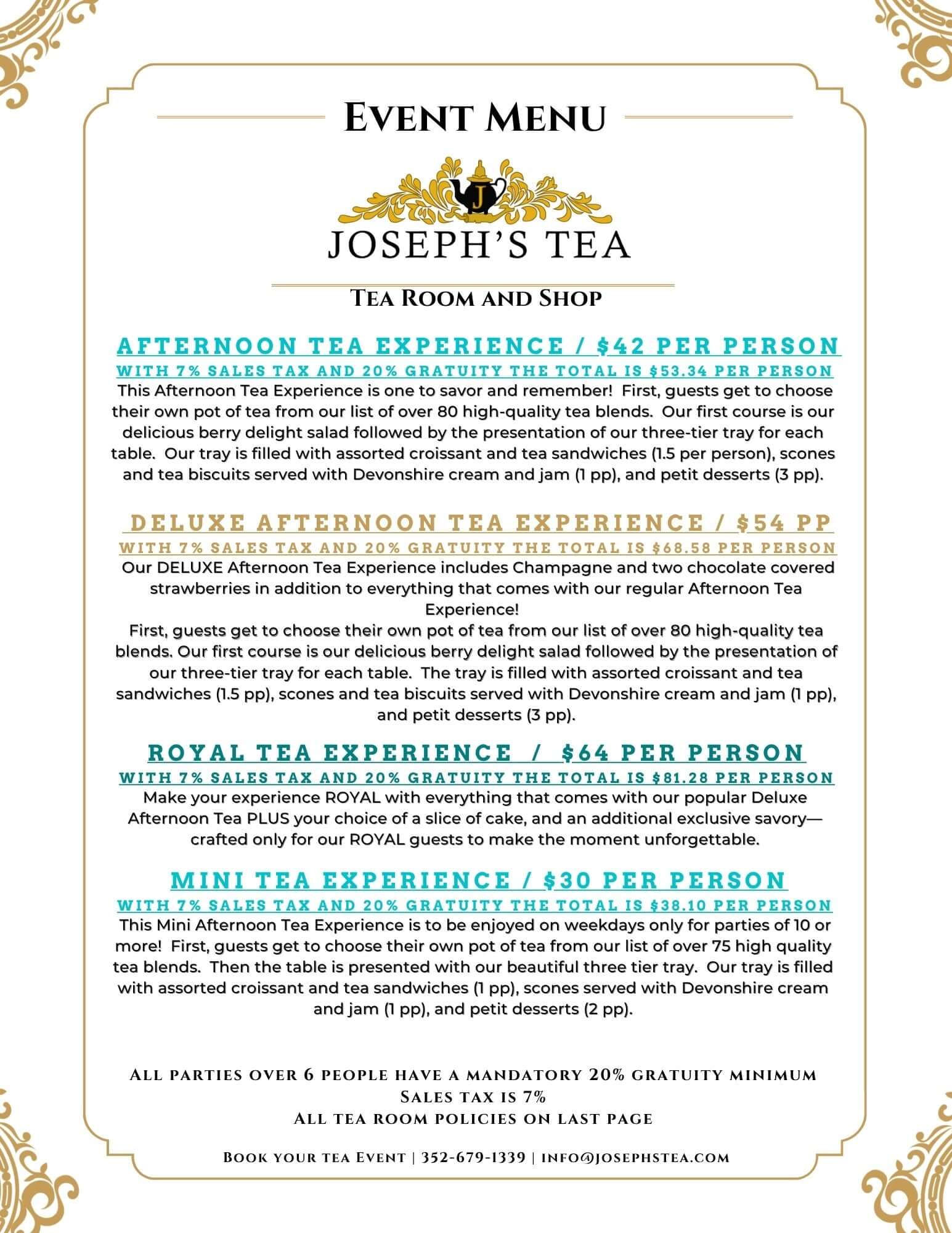A digital event menu card for 'Joseph's Tea' tea room and shop, featuring event descriptions for afternoon tea experiences in teal and gold text, framed by an ornate gold border on a white background.