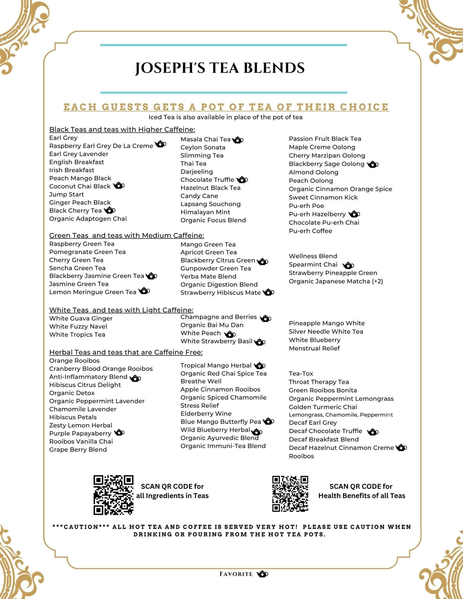 A tea blend menu card titled 'JOSEPH'S TEA BLENDS' with decorative gold corner flourishes. The page lists multiple tea blends grouped by categories such as black tea, green tea, white tea, herbal tea, and tea with tea, each with small circular brand logos.