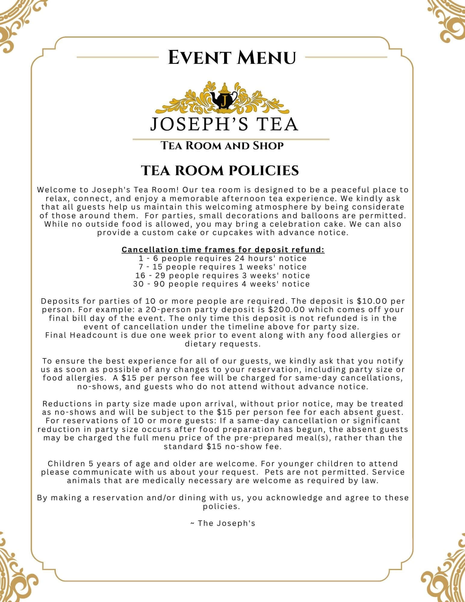 A printed event menu and tea room policies document for Joseph's Tea, featuring a beige background with black text and decorative gold ornamental borders.