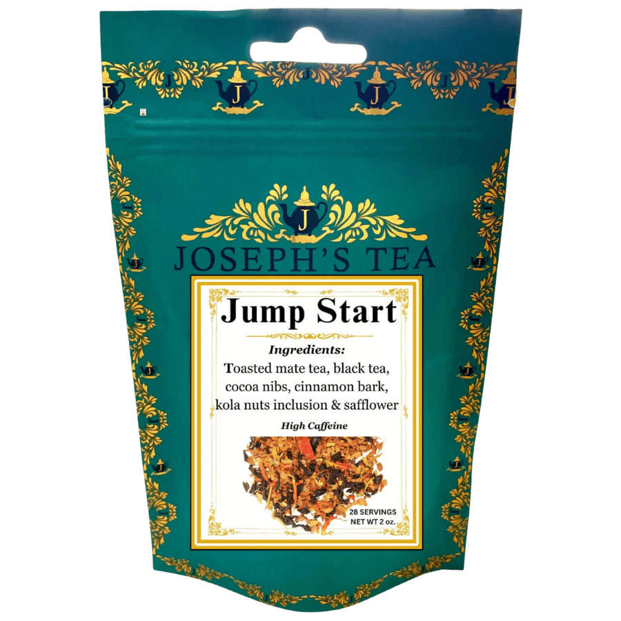 Joseph's Tea 'Jump Start' packaging with green background and gold accents