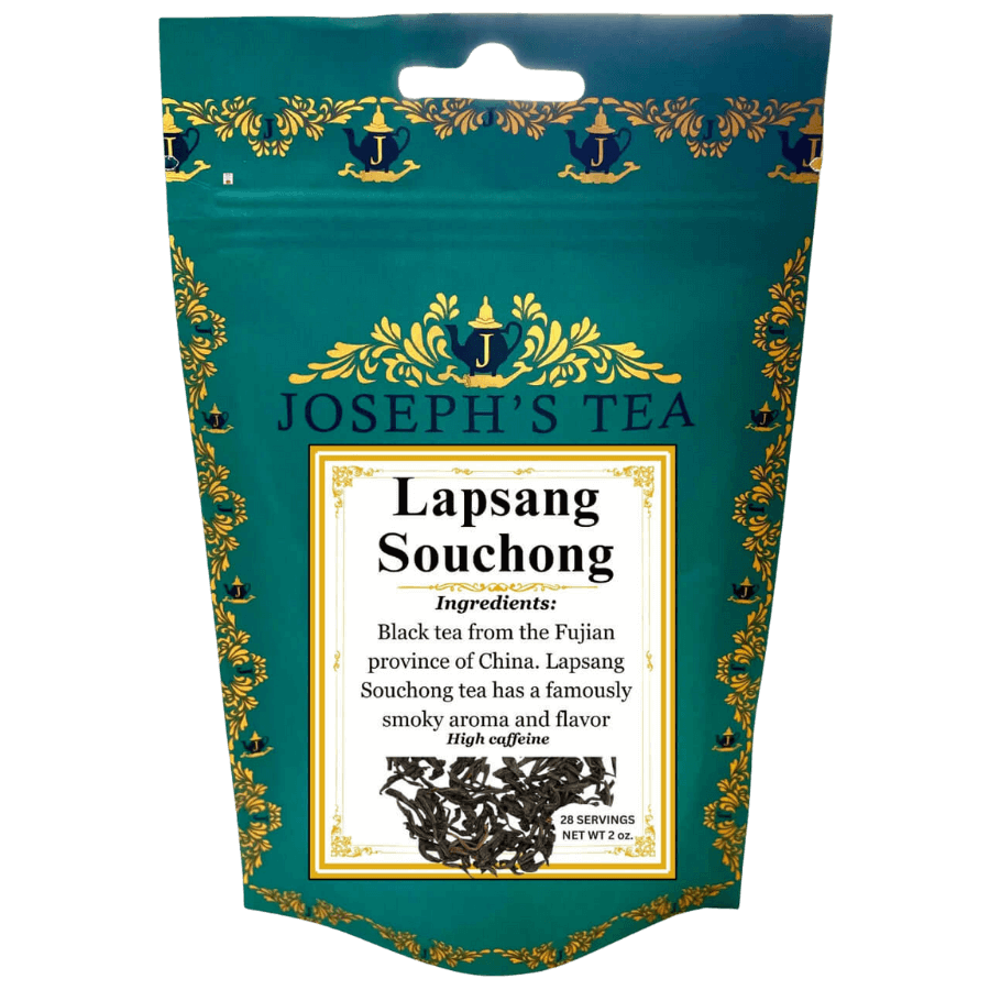 Tea package for Lapsang Souchong tea by Joseph's Tea with decorative elements.