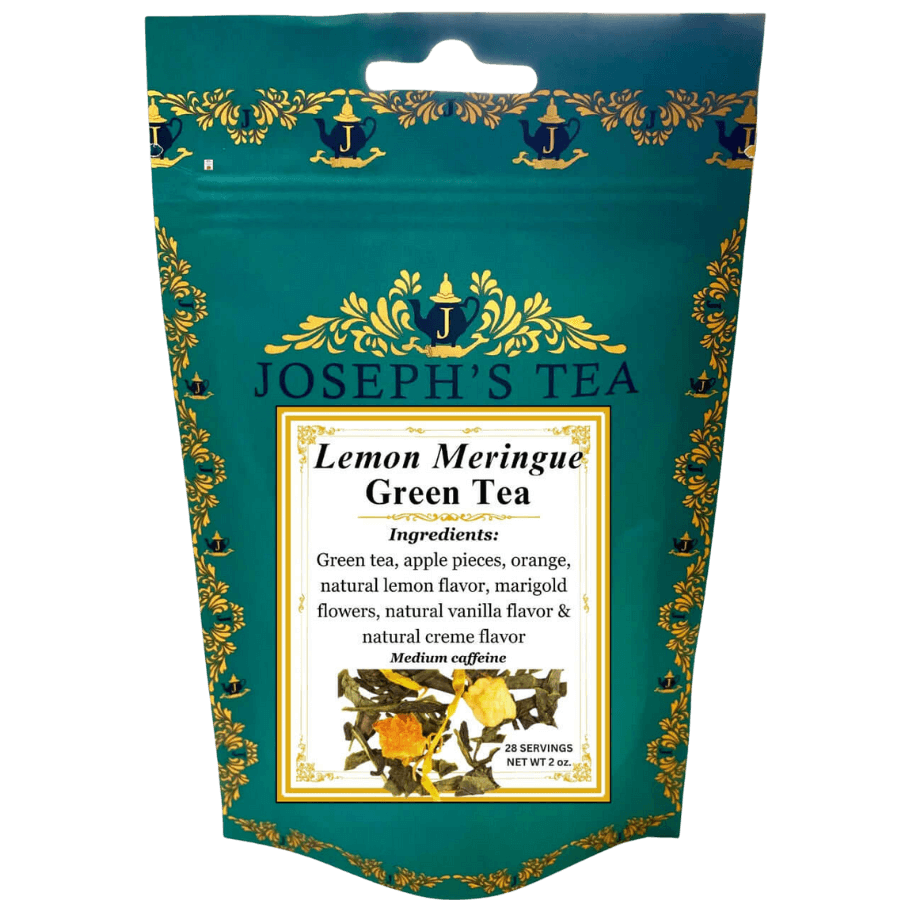 Joseph's Tea Lemon Meringue Green Tea package with decorative elements on a white background