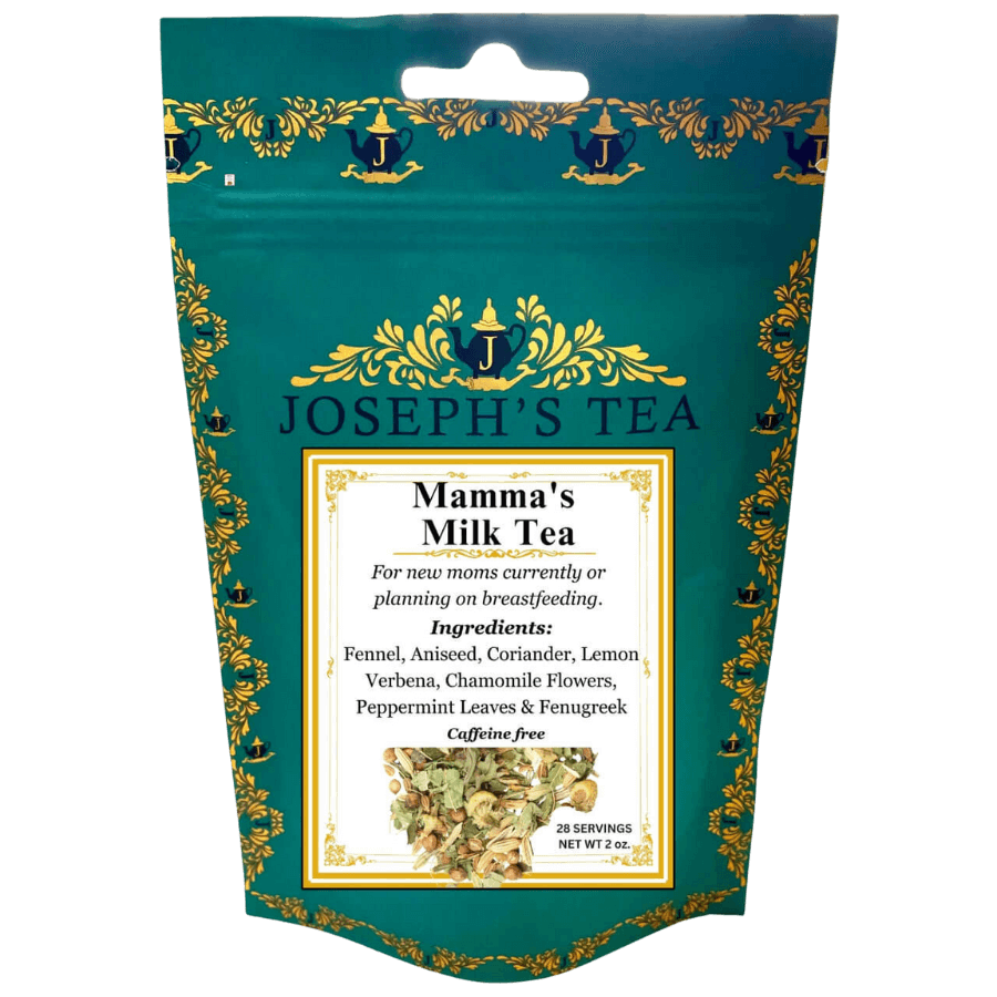 Packaging of Joseph's Tea Mamma's Milk Tea with green and gold design.