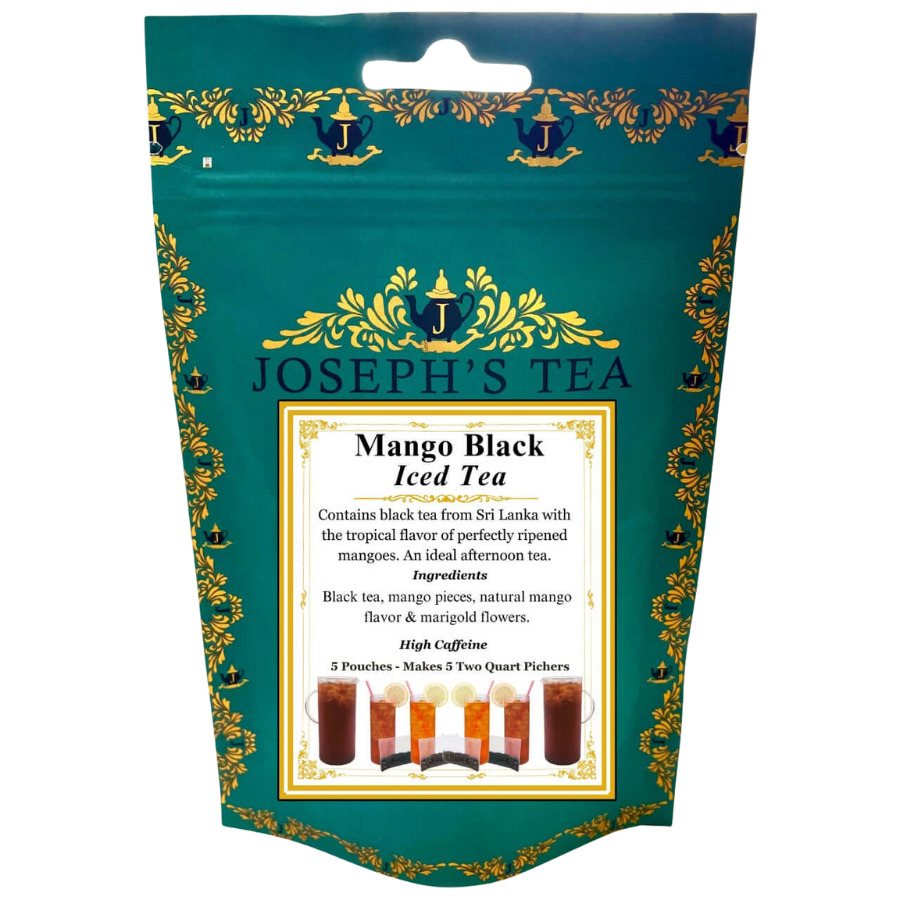 Packaging of Joseph&#39;s Tea Mango Black Iced Tea with decorative elements.