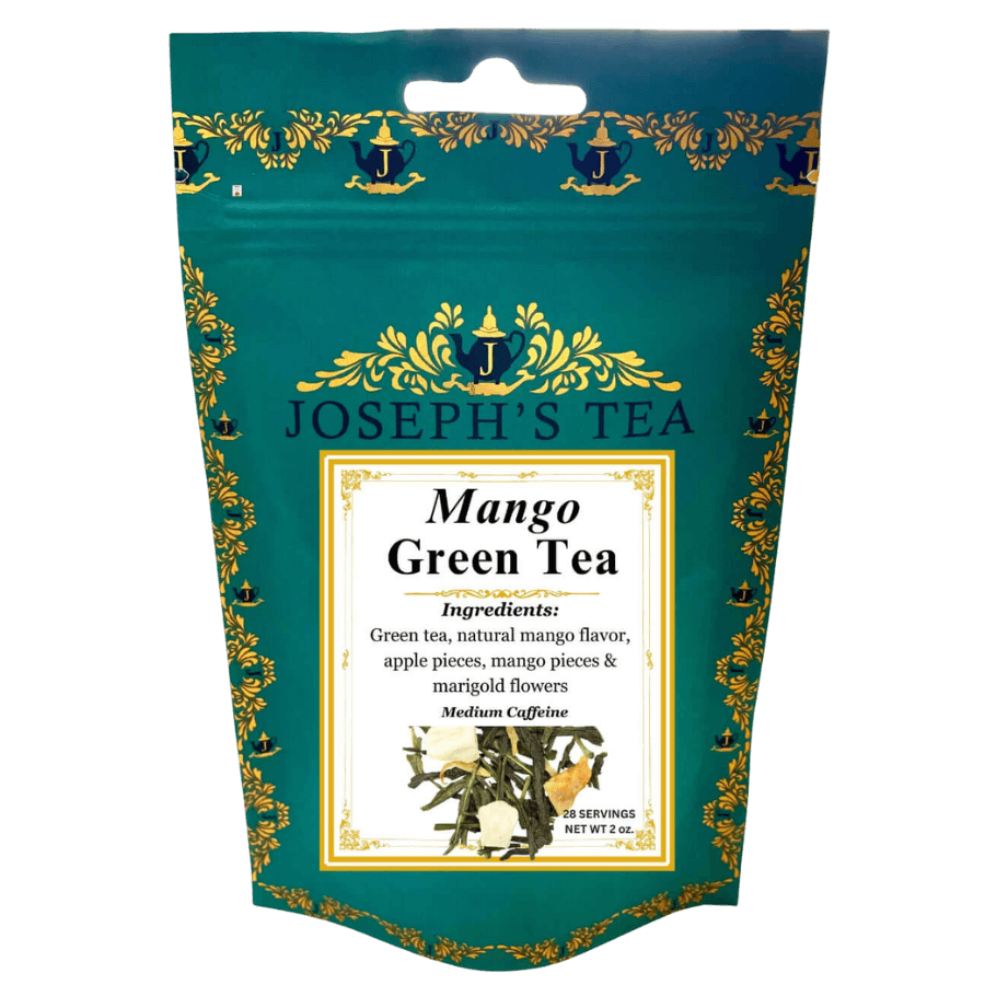 Joseph's Tea Mango Green Tea package with decorative elements on a white background
