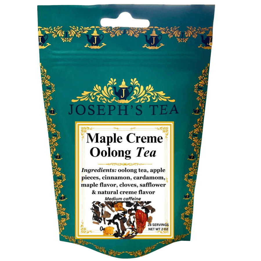 Packaging of Joseph's Tea Maple Creme Oolong Tea with decorative elements.
