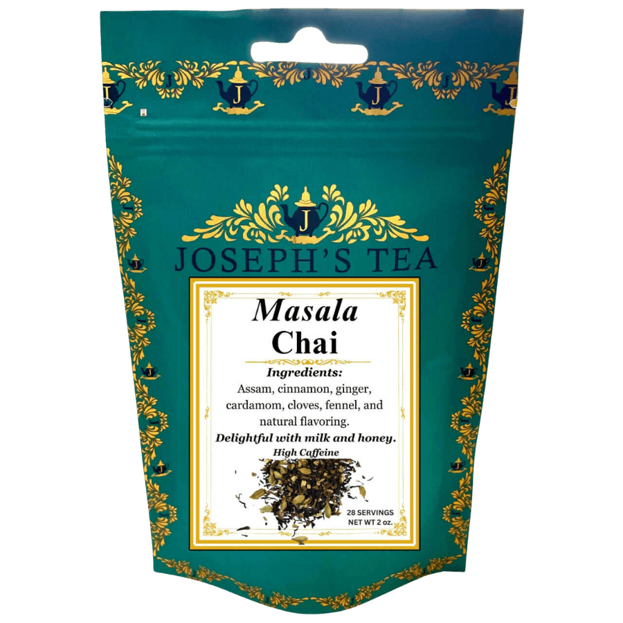 Joseph's Tea Masala Chai package with decorative elements on a white background