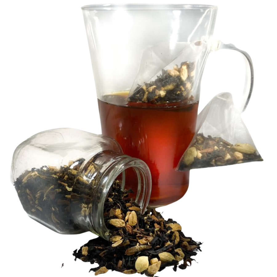 Tea leaves spilling from a jar into a glass of tea with a tea bag.