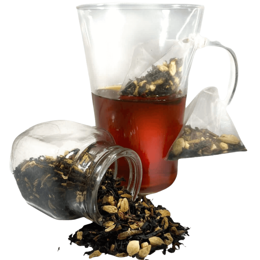 Tea leaves spilling from a jar into a glass of tea with a tea bag.