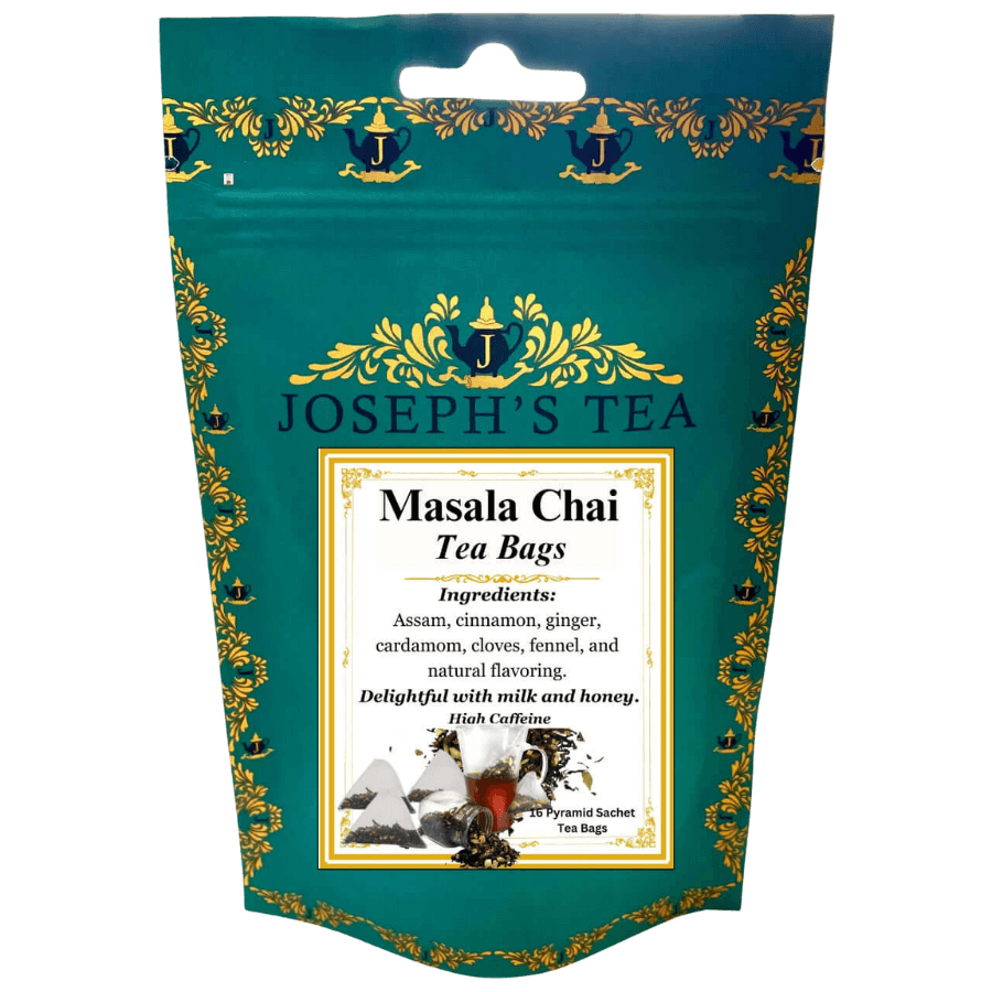 Packaging of Joseph's Tea Masala Chai tea bags with decorative elements.