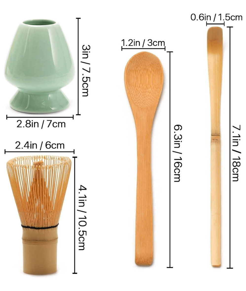 Bamboo matcha whisk set including whisk holder, chasen, scoop, and stirring tool dimensions in inches and centimeters.