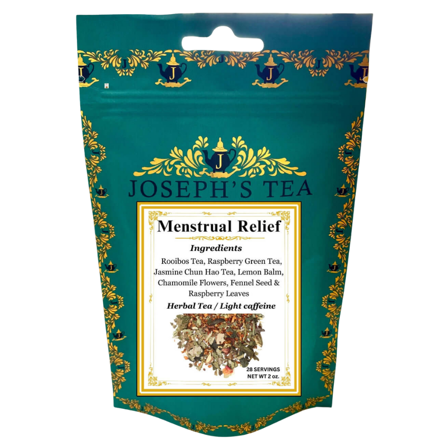 Joseph's Tea Menstrual Relief tea package with decorative elements on a white background