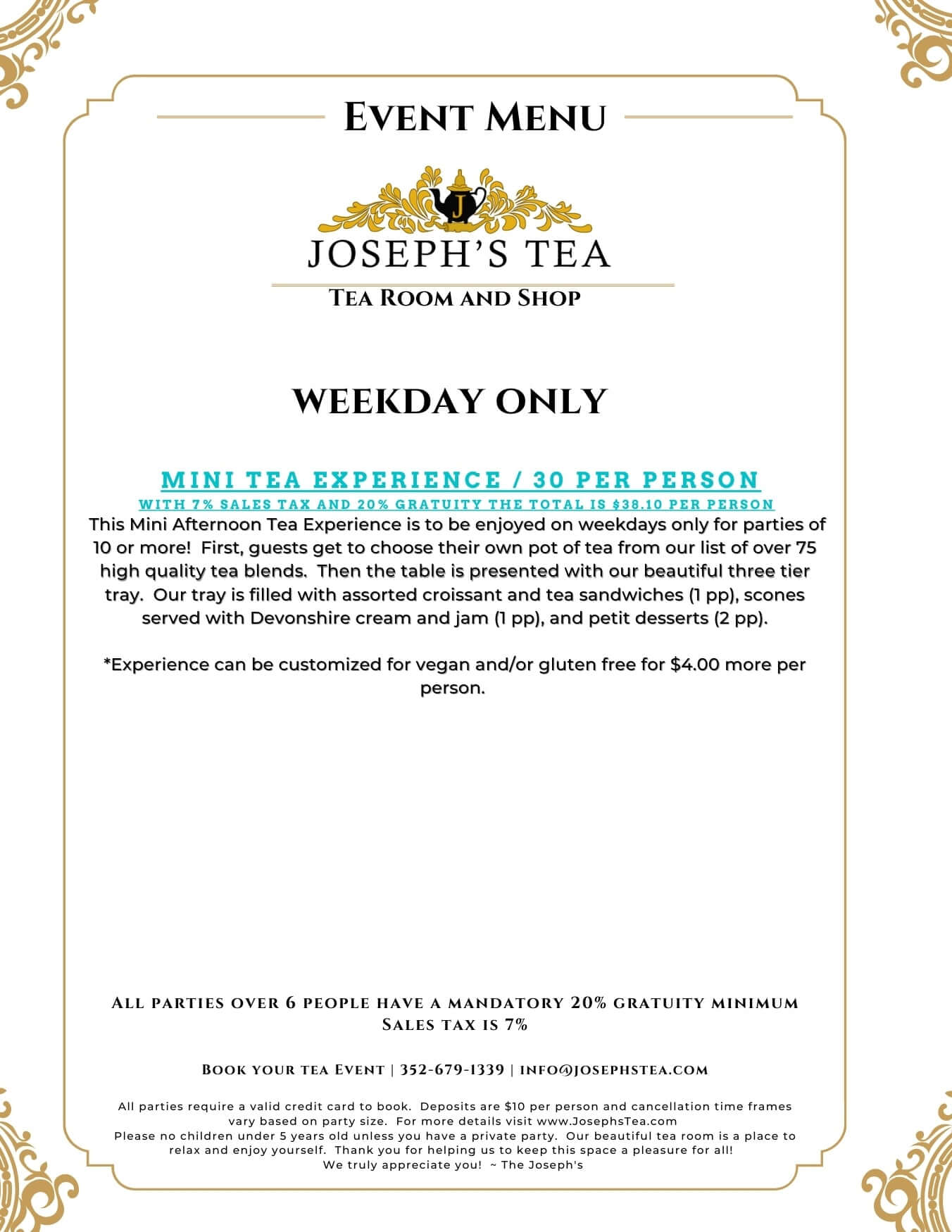 Event menu for Joseph's Tea Room and Shop with tea experience details.