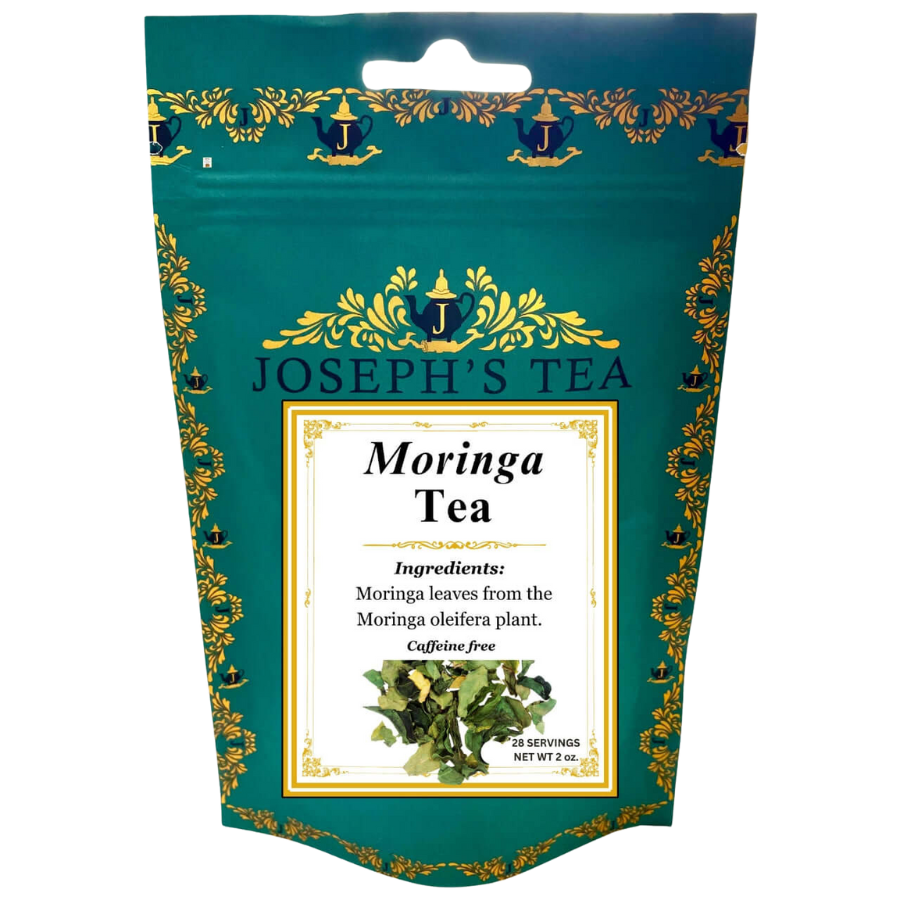 Joseph's Tea Moringa Tea package with decorative elements on a white background
