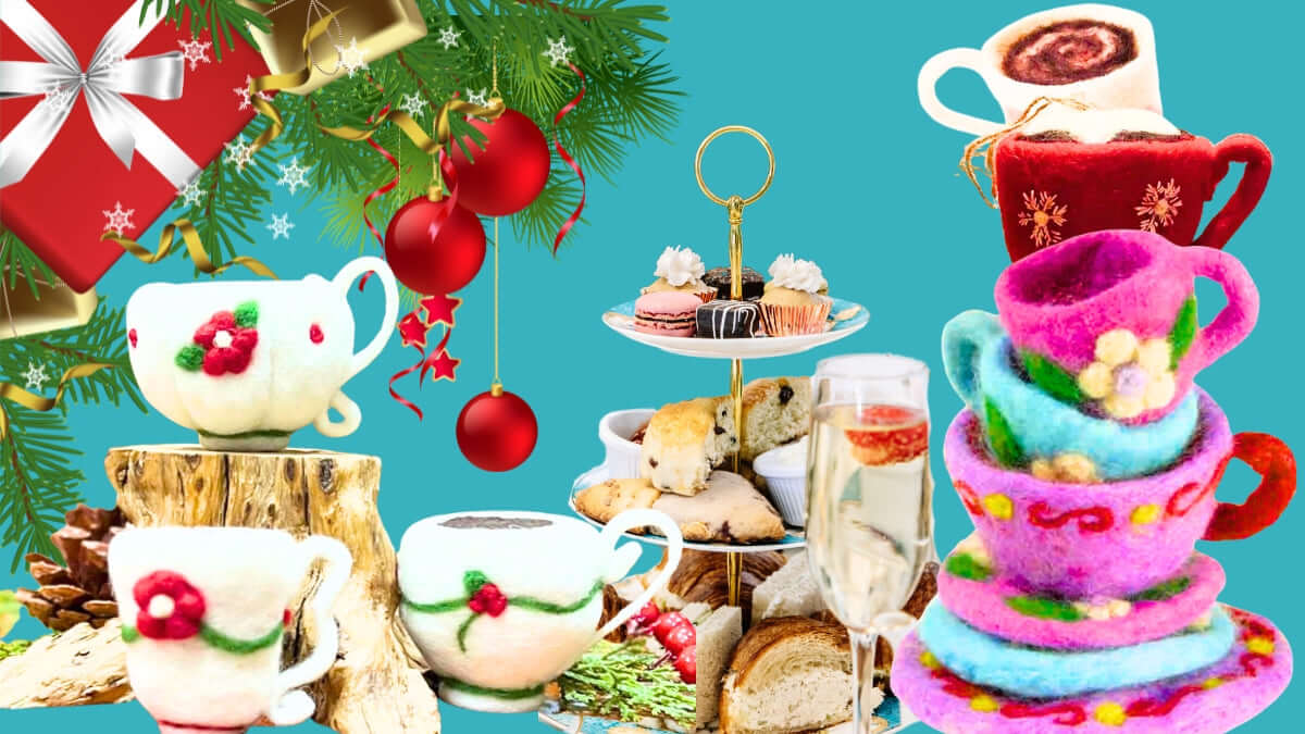 A festive holiday tea-time scene with multiple teacups and saucers in bright felt colors, decorated with flowers and green leaves. Pastries on a stand, a glass of champagne, pine branches, ornaments, and a wrapped gift are arranged against a bright turquoise background.
