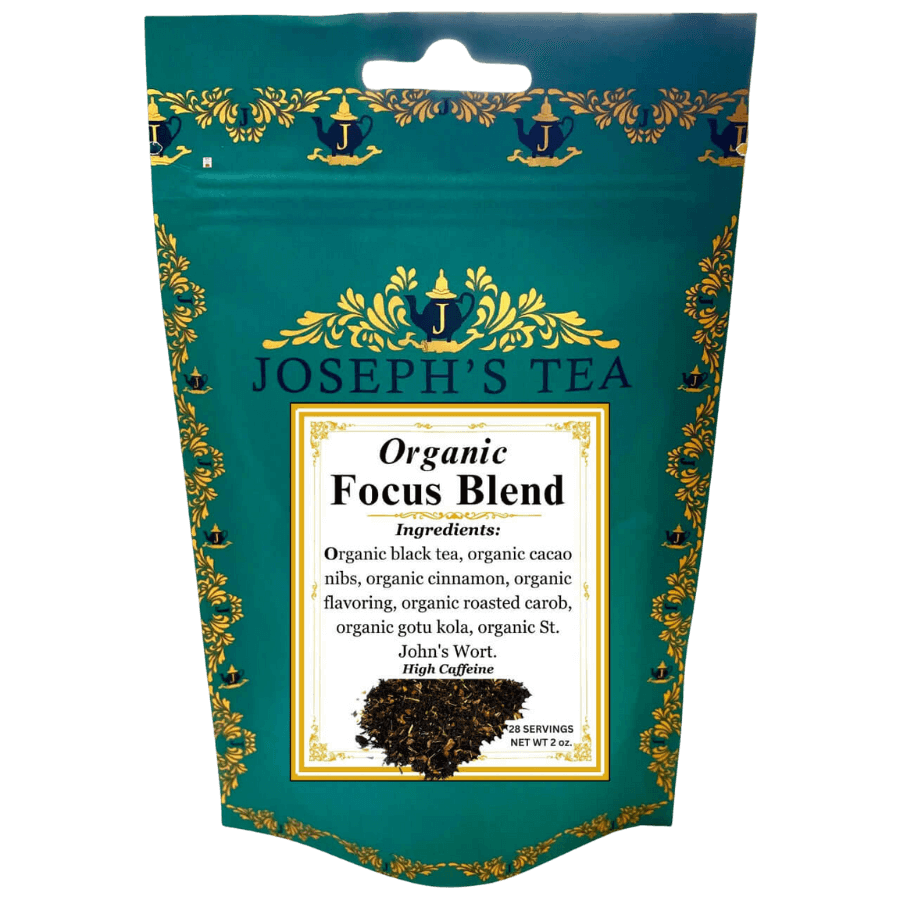 Tea package labeled 'Joseph's Tea Organic Focus Blend' with decorative elements on a teal background.