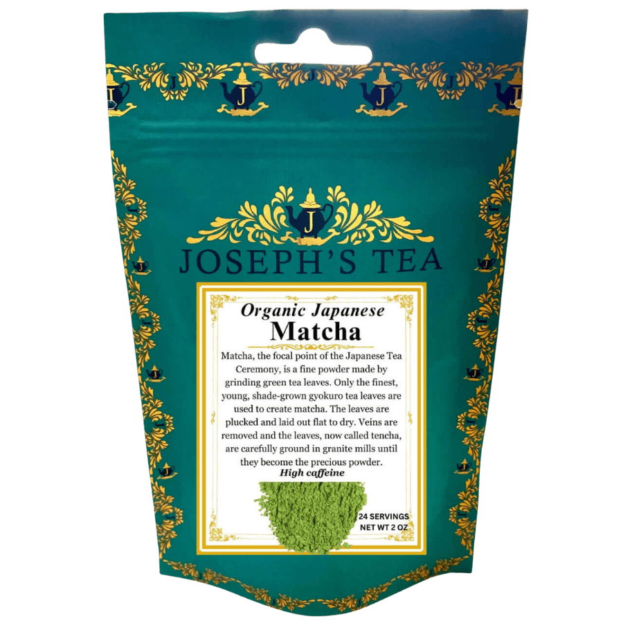 Joseph's Tea Organic Japanese Matcha packaging with decorative elements on a white background