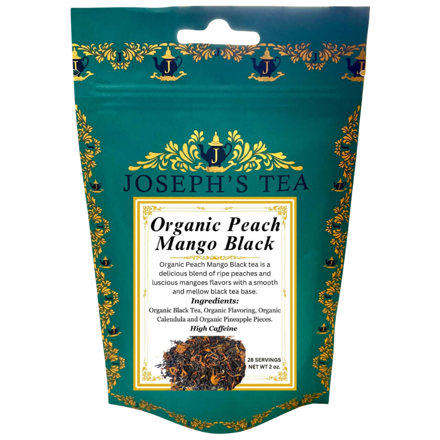 Packaging of Joseph's Tea Organic Peach Mango Black tea with decorative elements.