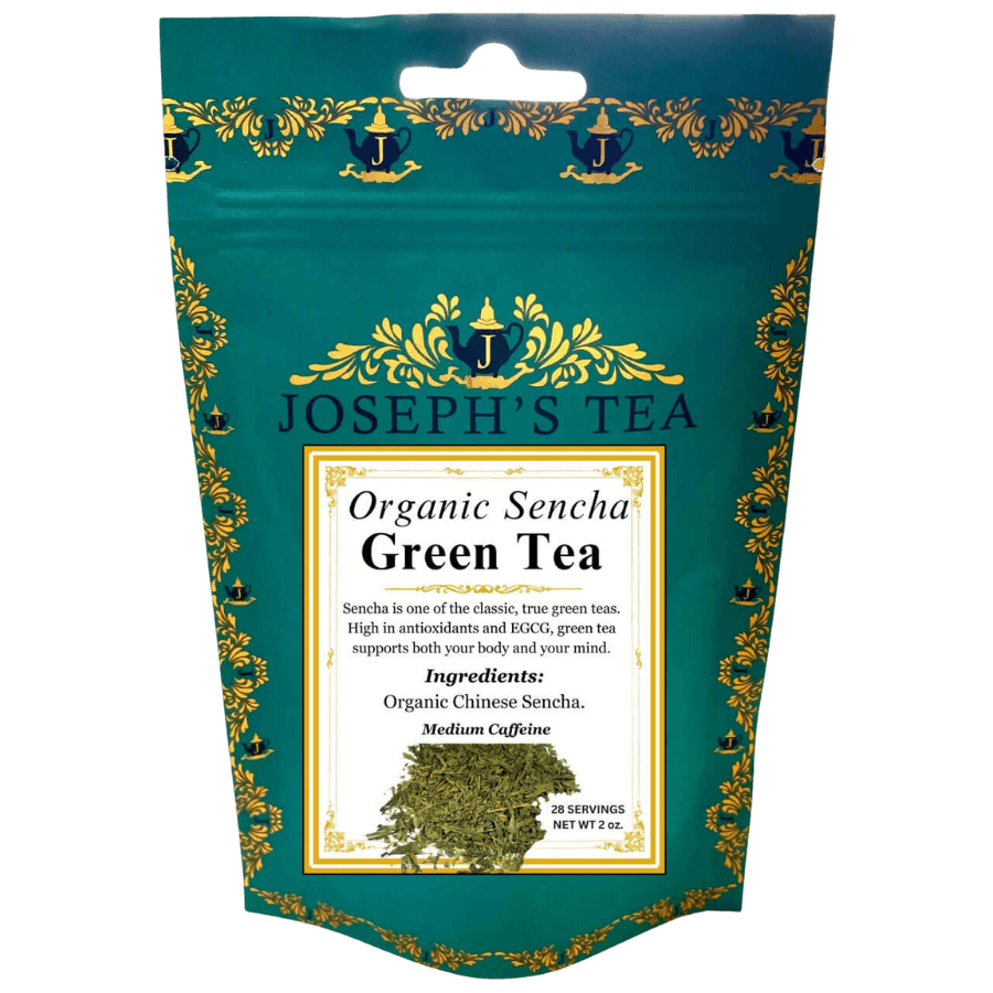 Joseph's Tea Organic Sencha Green Tea package with decorative elements on a white background