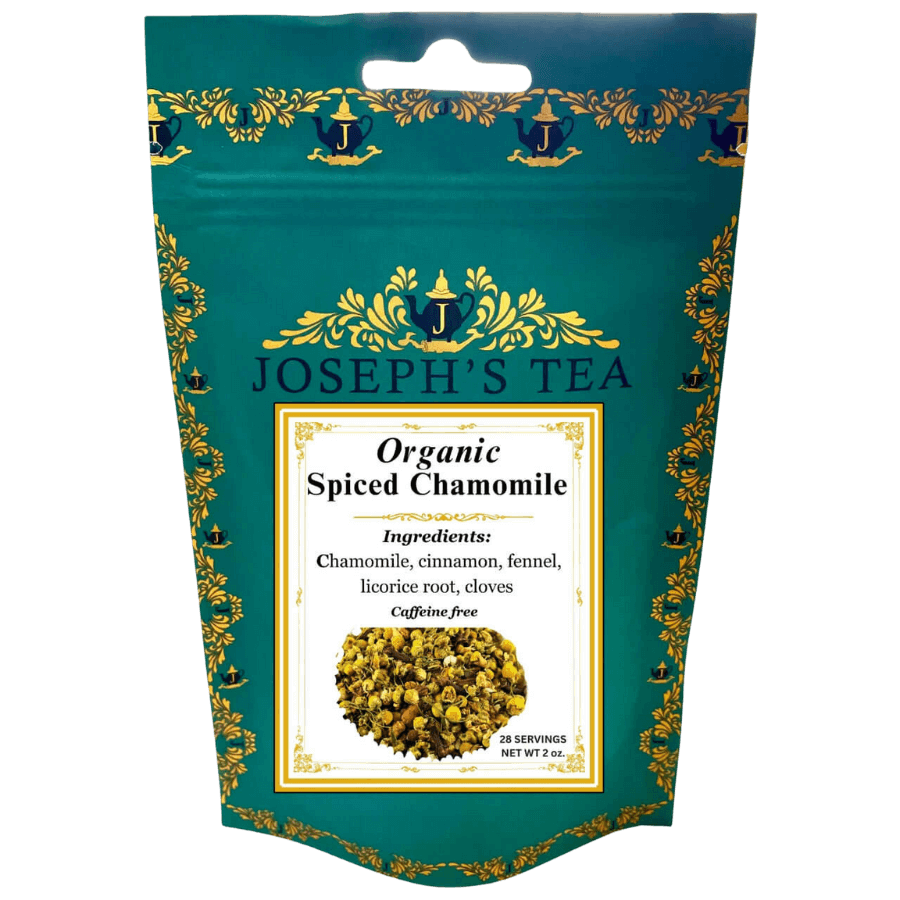 Tea package for Organic Spiced Chamomile tea by Joseph's Tea with decorative elements.