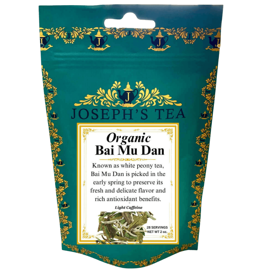 Tea package for Organic Bai Mu Dan tea by Joseph's Tea with decorative elements.