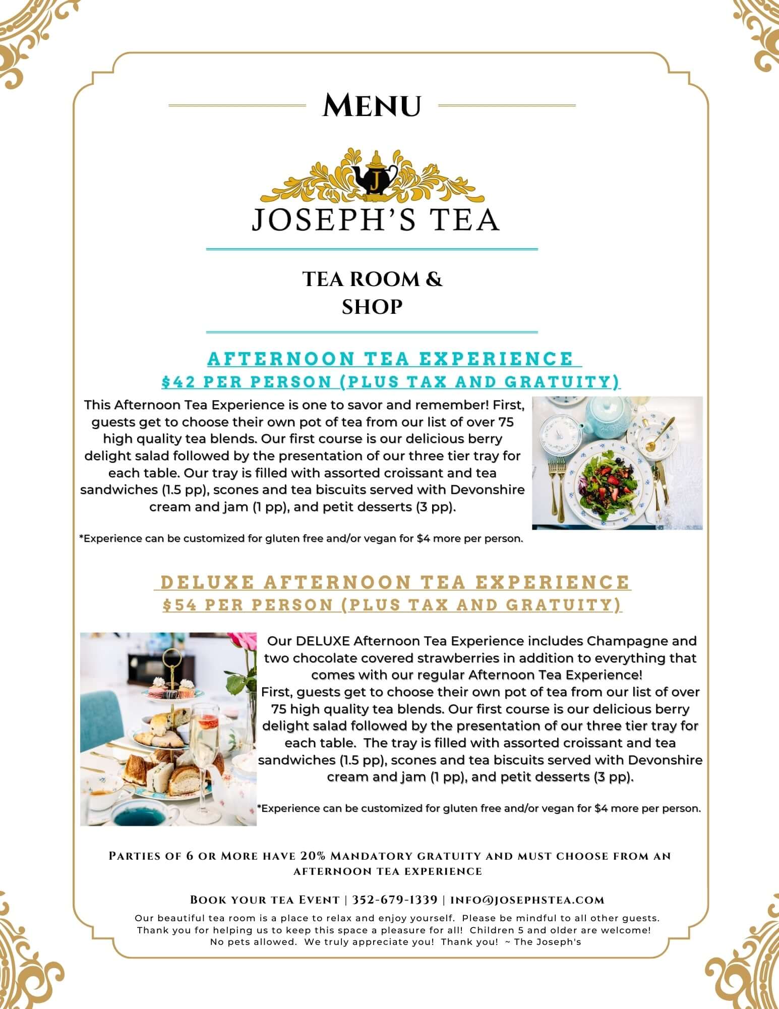 Menu for Joseph's Tea Room & Shop with afternoon tea experiences and prices.