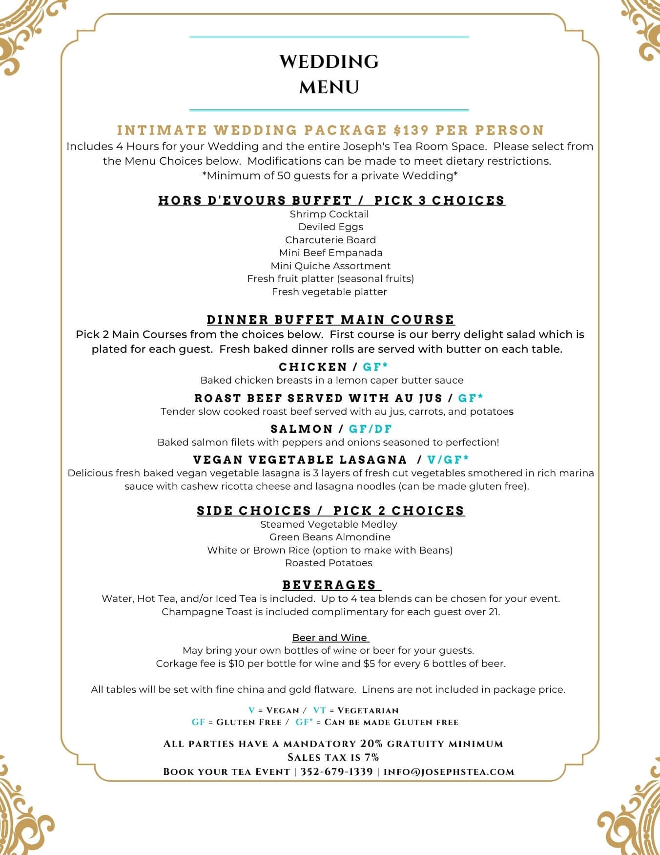 Wedding menu with details of an intimate wedding package and food options.