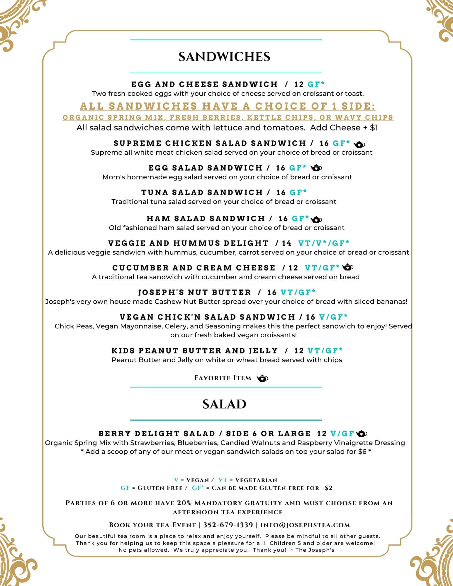 Menu with sandwiches and salad options on a white background