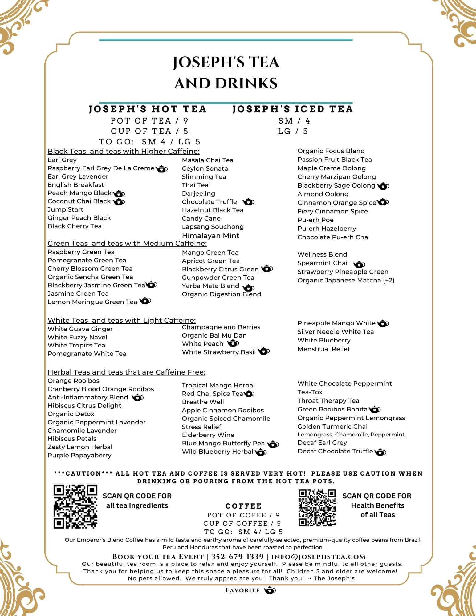 Menu for Joseph's Tea and Drinks with various tea and drink options.