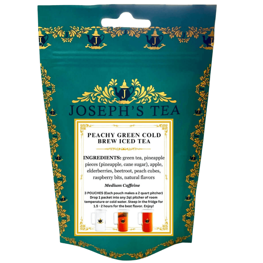 Tea package for 'Peachy Green Cold Brew Iced Tea' by Joseph's Tea with decorative elements.
