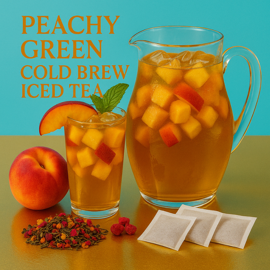 Peachy Green Cold Brew Iced Tea with a pitcher and glass on a reflective surface.