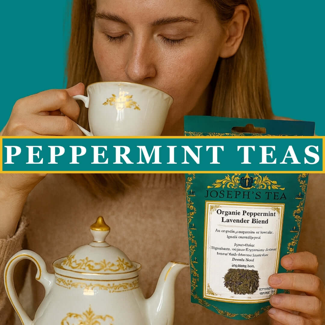 Woman drinking from a teacup with a package of Joseph's Tea Organic Peppermint Lavender Blend in front of a teal background.