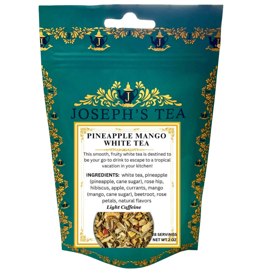 Packaging of Joseph's Tea Pineapple Mango White Tea with decorative elements.
