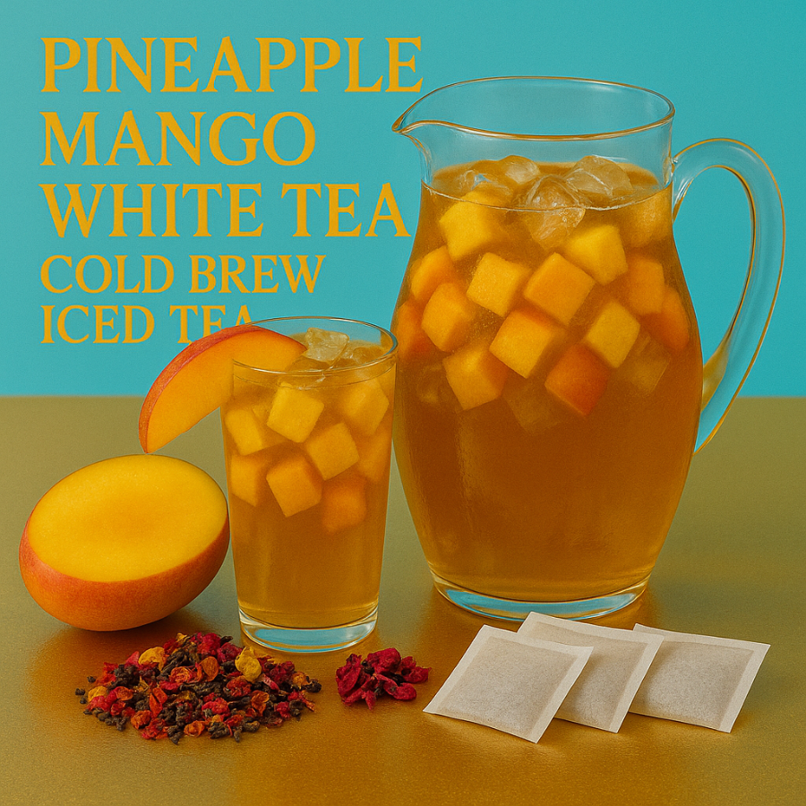 Pineapple mango white tea with a pitcher and glass on a teal background