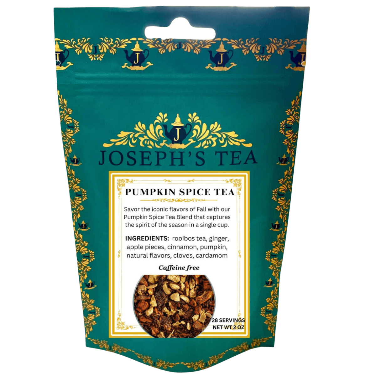 Tea package for Joseph's Pumpkin Spice Tea with decorative elements on a white background